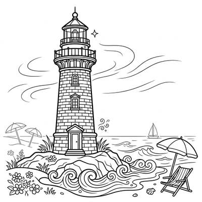 Imagine yourself on a serene summer coast with this enchanting coloring page, featuring a majestic lighthouse guiding ships through a gentle misty morning. Dive into the details of beach life, from playful waves to sunny umbrellas, perfect for a relaxing coloring escape.
