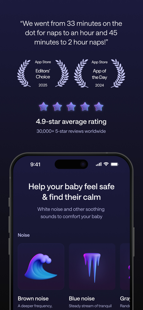 Napper Baby-Schlaftracker-App-Oberfläche mit App Store-Auszeichnungen und Weißgeräuschoptionen.