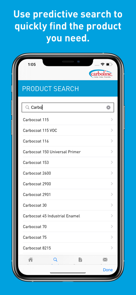 Carboline app interface showing the predictive product search feature for industrial coatings