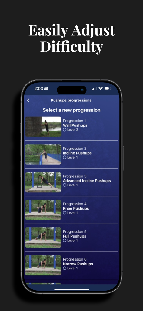 Interface showing pushup progression levels from wall pushups to narrow pushups