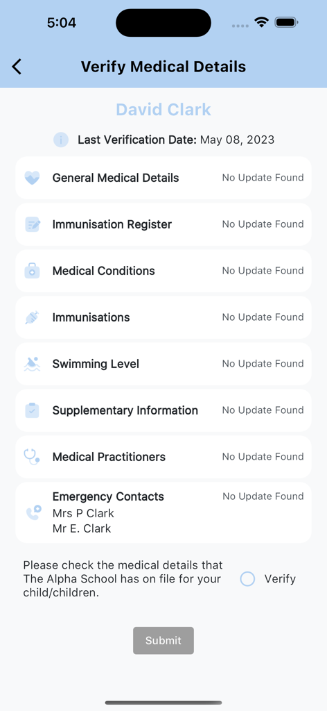 ParentOrbit app screen for verifying student medical details and emergency contacts