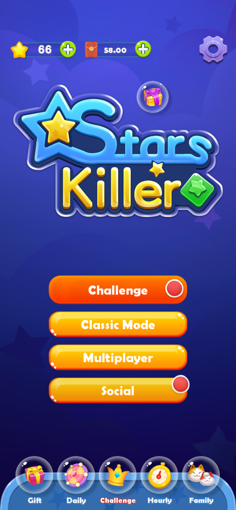 Hauptmenü des Star Killer Puzzle-Spiels mit Schaltflächen für Herausforderung, Klassischer Modus, Multiplayer und Soziale Modi