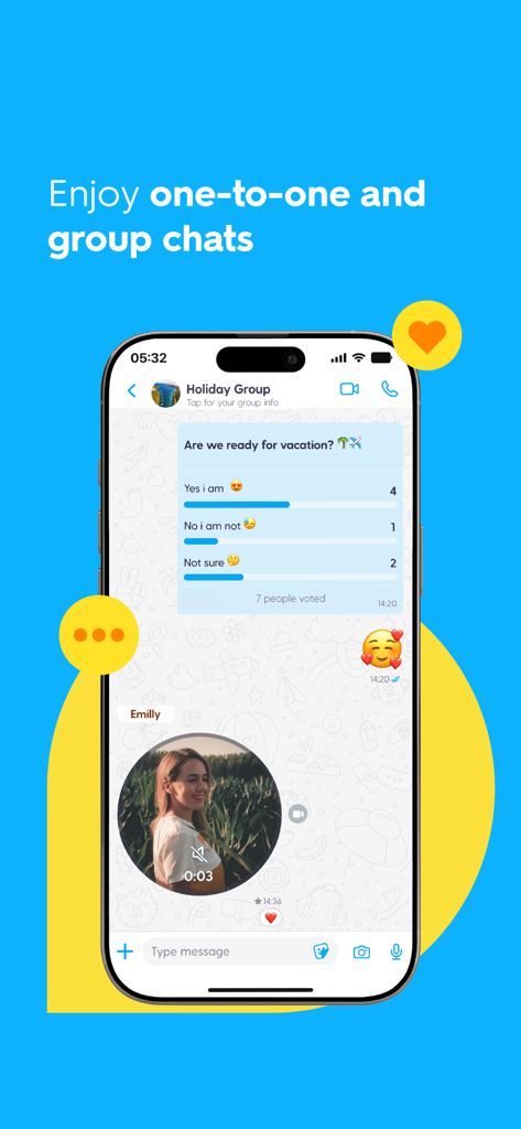 BiP messenger app group chat interface with a poll and video message