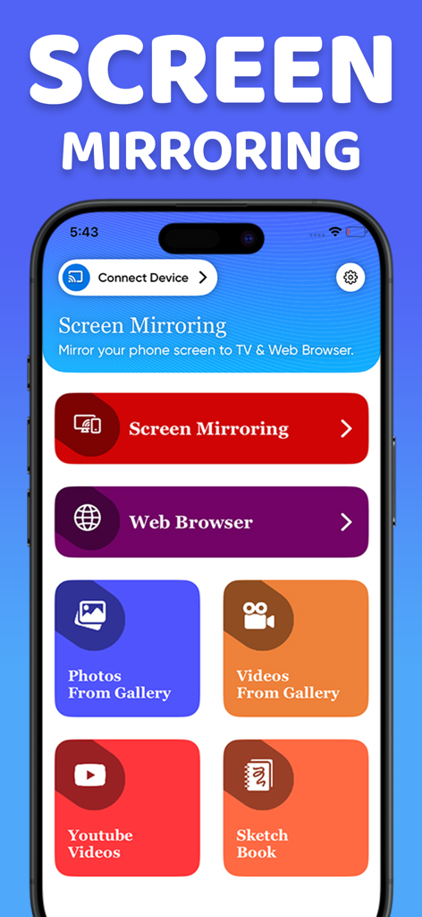 Screen Mirroring: Cast SmartTV - Main interface of the Screen Mirroring app showing menu options to cast photos videos and web content to a Smart TV