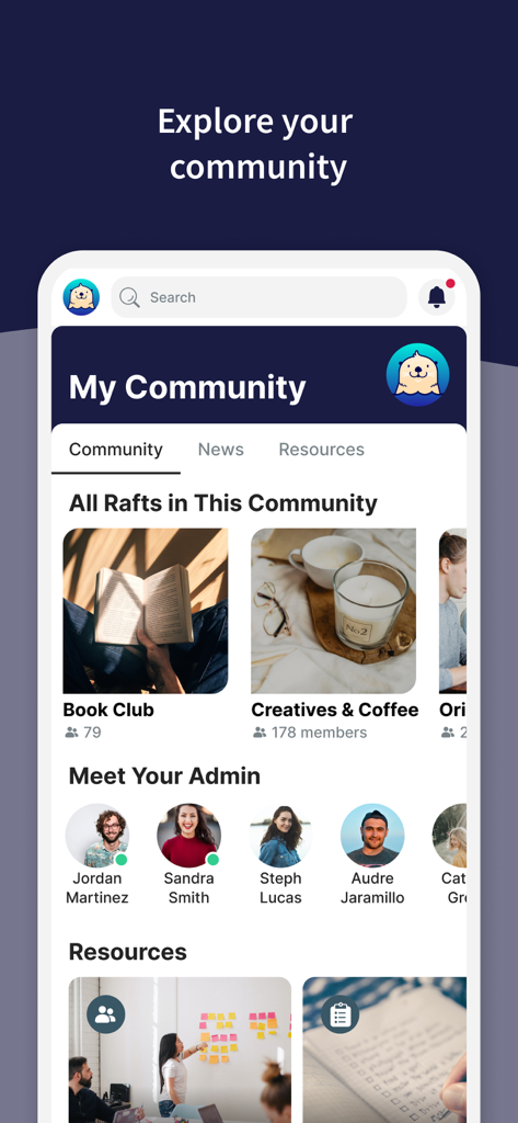 Raftr – Get Current - Raftr app screen displaying local community groups and admin profiles