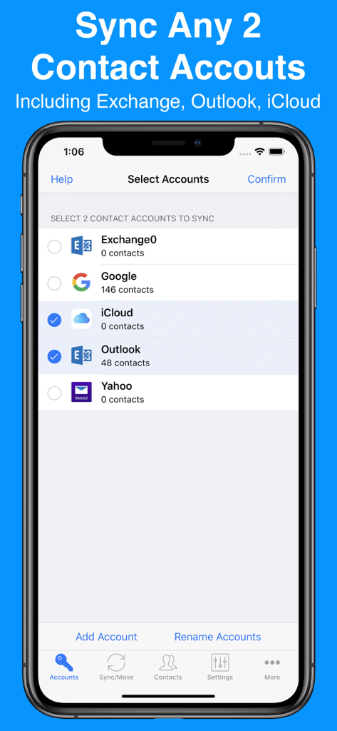 Contacts Mover - Interface of Contacts Mover app showing account selection to sync iCloud and Outlook contacts.