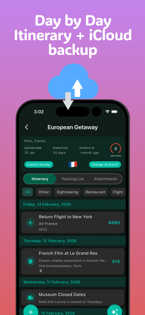 RoamR: AI Itinerary Organizer - RoamR app screen showing a day by day travel itinerary and iCloud backup feature