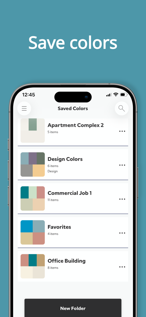 Screenshot of the SherMatch plus app showing saved paint color folders for different projects like Apartment Complex and Office Building.