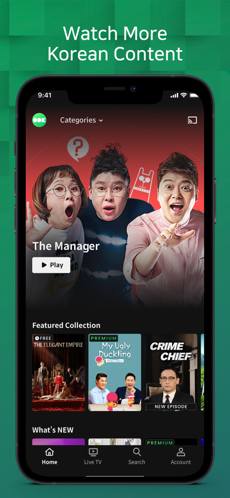 OnDemandKorea: Korean Dramas - 온디맨드코리아 모바일 앱 홈 화면, 더 매니저와 같은 인기 한국 드라마 및 예능 쇼 표시