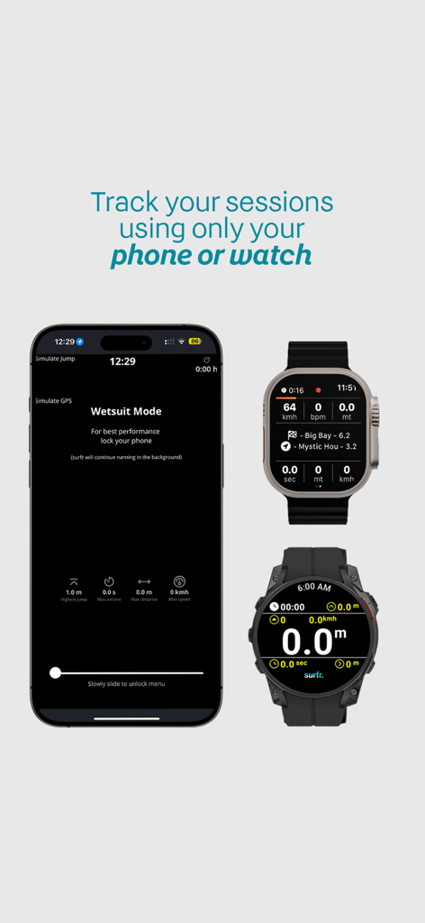 The Surfr. App - The Surfr App tracking interface on iPhone and Apple Watch showing session stats and wetsuit mode