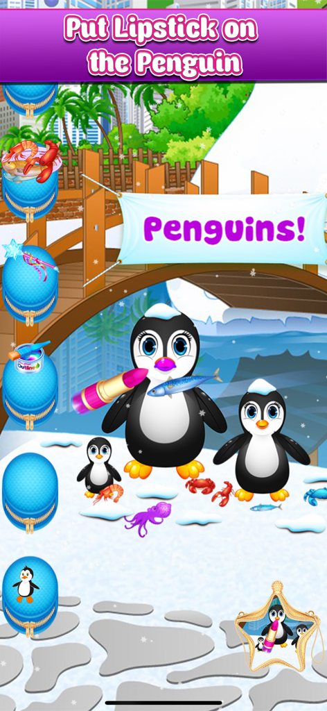 My Baby Pet Salon Makeover - Una pantalla de juego digital donde un niño puede aplicar lápiz labial rosa a un adorable personaje de pingüino.