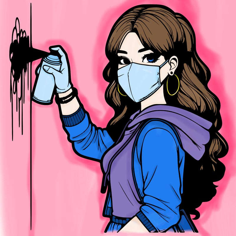 realistic girl with mask spray painting a wall