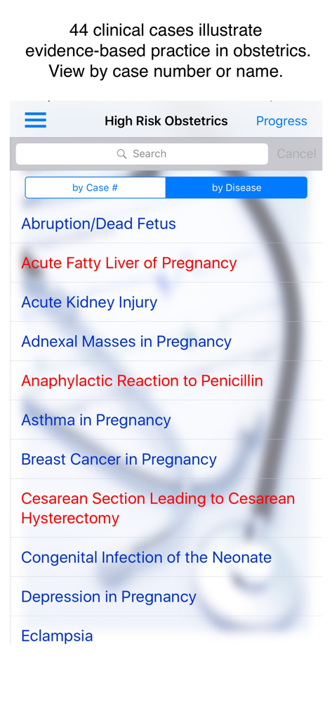 List of clinical cases in the High Risk Obstetrics medical education app.