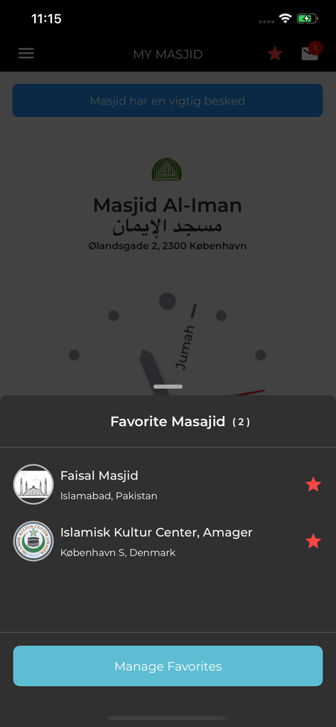 My Masjid Community - My Masjid Community app interface showing a list of favorite mosques with options to manage them.