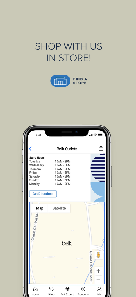 Belk App-Geschäftssucher-Bildschirm mit Geschäftszeiten, Karte und Wegbeschreibungen.