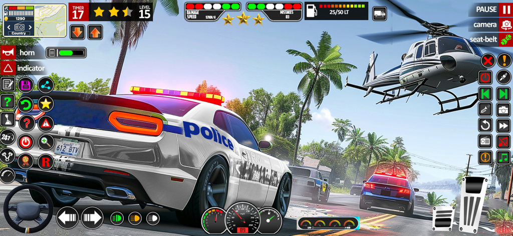 Capture d'écran du Jeu de Course Poursuite de Voiture de Police Américaine présentant une poursuite à haute vitesse sur une route tropicale avec un hélicoptère au-dessus.