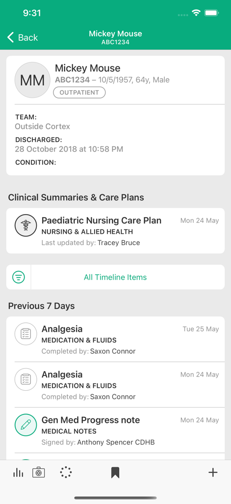 Cortex app interface displaying patient clinical summaries and care coordination timeline