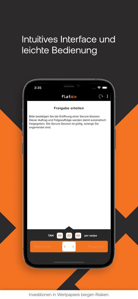flateXSecure Mobile App-Oberfläche für die sichere Genehmigung von Transaktionen