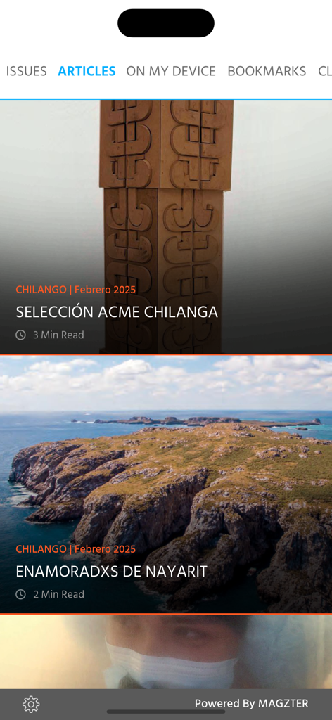 Chilango - Feed de artículos digitales en la aplicación de la revista Chilango mostrando contenido cultural y de viajes.