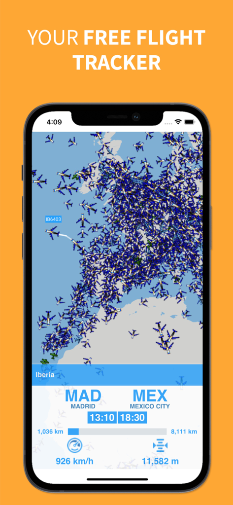 Flight Navigation - Mobile App-Oberfläche von Flugnavigation, die eine Live-Karte mit Flugzeugsymbolen und Flugdetails für eine Reise von Madrid nach Mexiko-Stadt anzeigt