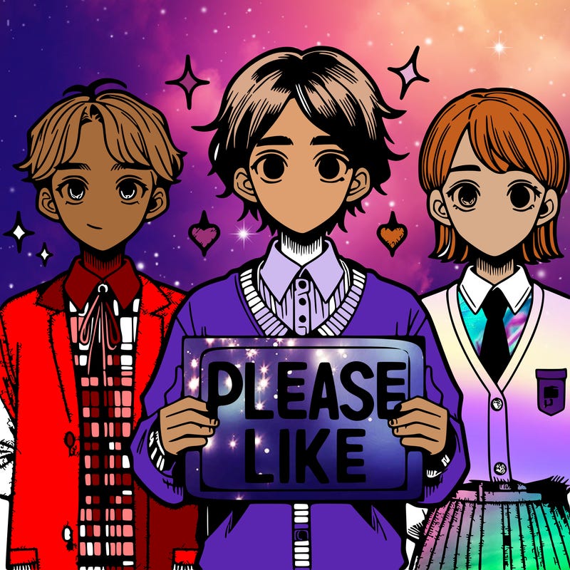 3manga girls the one in the middle holding a sign that says pls like