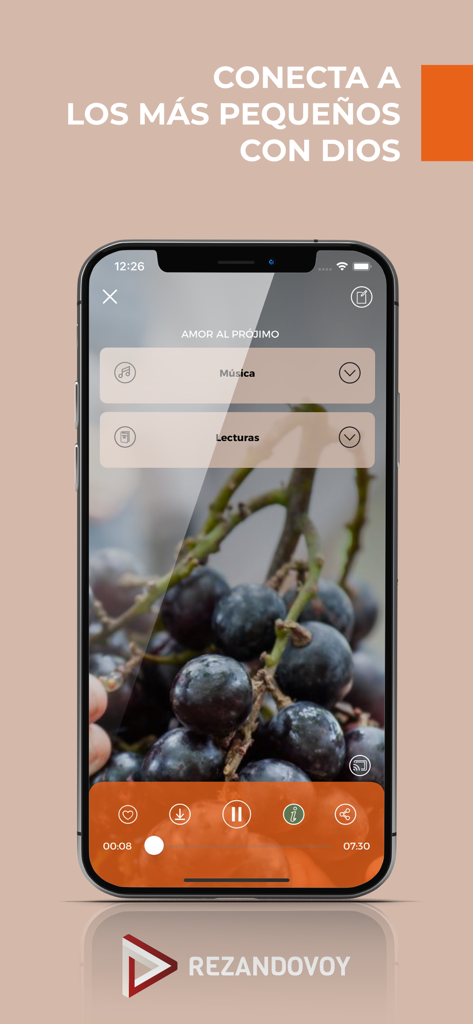 Rezandovoy Infantil - Pantalla de la aplicación móvil Rezandovoy Infantil que muestra una sesión de oración guiada para niños