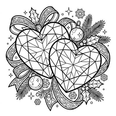 Discover the magic of Christmas with this stunning coloring page featuring two beautifully faceted gemstone hearts. Adorned with festive ribbons, holly, and sparkling baubles, it's perfect for holiday relaxation and creativity.