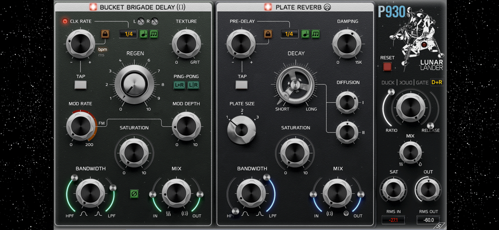 Oberfläche von P930 Lunar Lander mit Bucket Brigade Delay und Plate Reverb Reglern