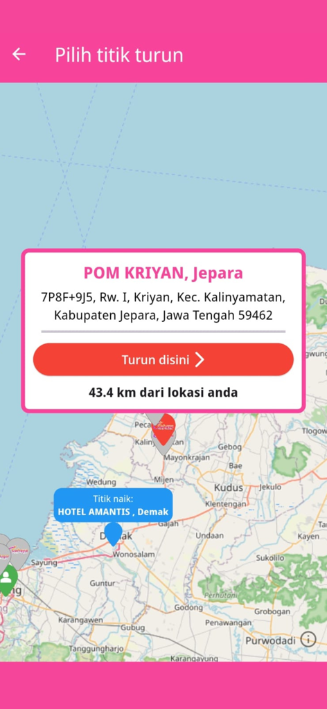 Cahaya Shuttle - Map interface in Cahaya Shuttle app for selecting a dropoff point in Jepara Indonesia