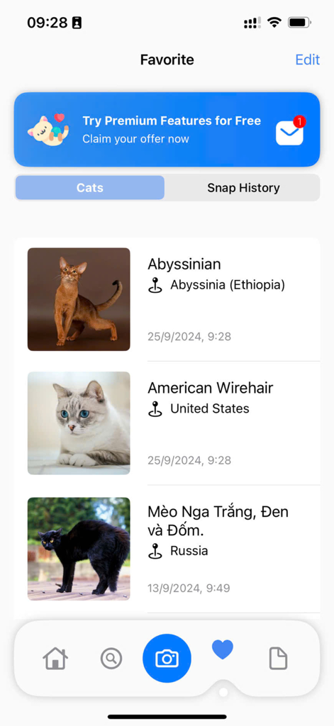 Cat Identifier: AI Scanner - Interface of the Cat Identifier app showing a list of favorite cat breeds with photos and origins.
