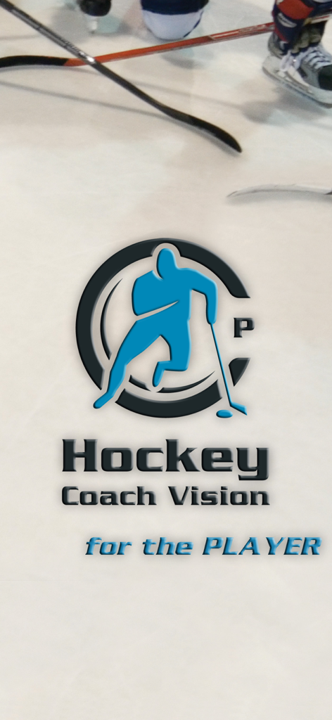 Logotipo de la aplicación Hockey Coach Vision para el Jugador sobre un fondo de pista de hielo con patines y sticks