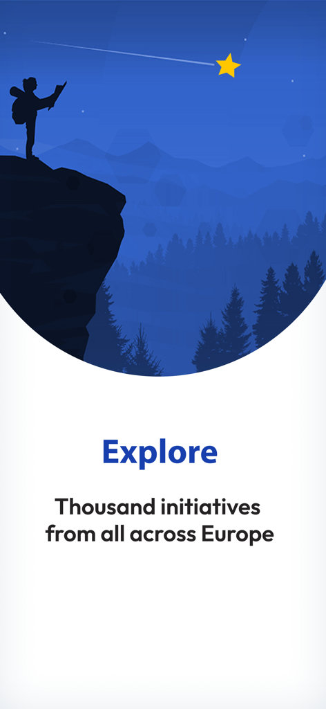 Citizens' App - Un'illustrazione della silhouette di un escursionista su una scogliera di notte con il testo Esplora mille iniziative da tutta Europa