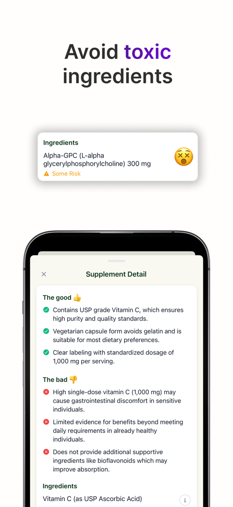 Suppi - Supplement Scanner - Mobile app screen showing supplement analysis with a warning for toxic ingredients and a list of health benefits and risks