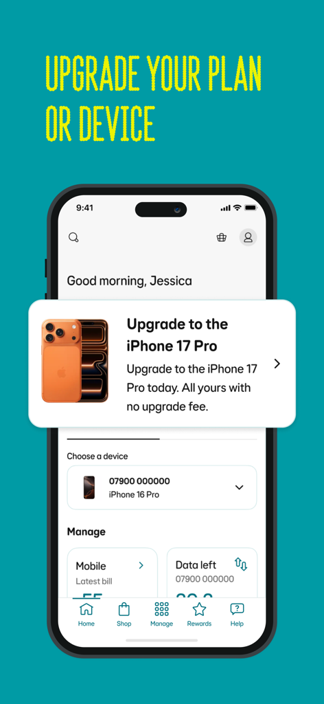 EE mobile app interface showing a personalized upgrade offer for an iPhone 17 Pro under the heading Upgrade Your Plan or Device