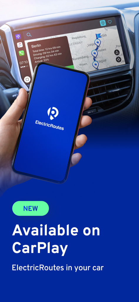 ElectricRoutes - ElectricRoutes EV navigation app shown on a smartphone and integrated into a car dashboard using Apple CarPlay