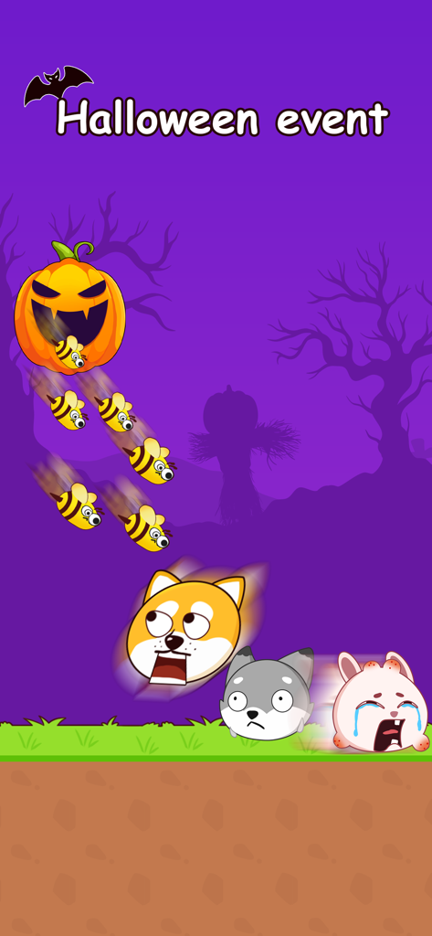 Halloween event screen showing a pumpkin launching bees at a dog and other animals