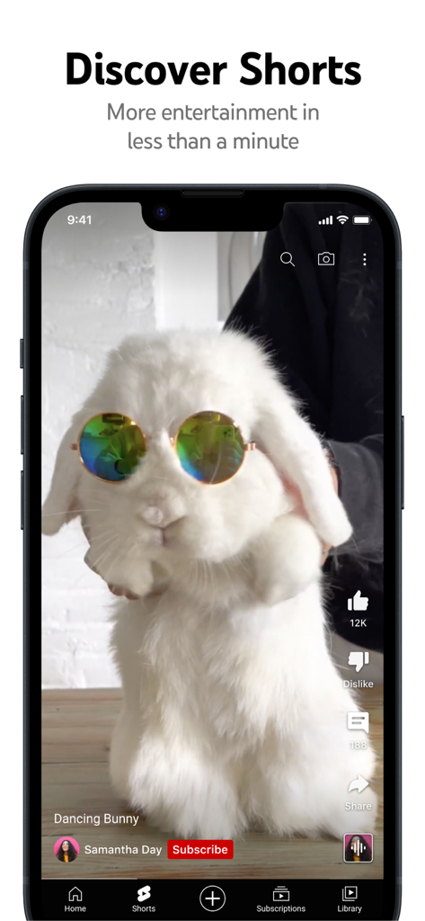 A screenshot of the YouTube app's Shorts feature showing a video of a white rabbit wearing sunglasses with engagement buttons like subscribe and like