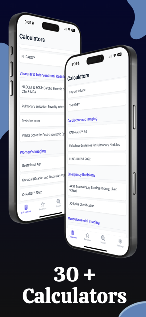 Two iPhones displaying a comprehensive list of over 30 radiology calculators including TI-RADS and LUNG-RADS