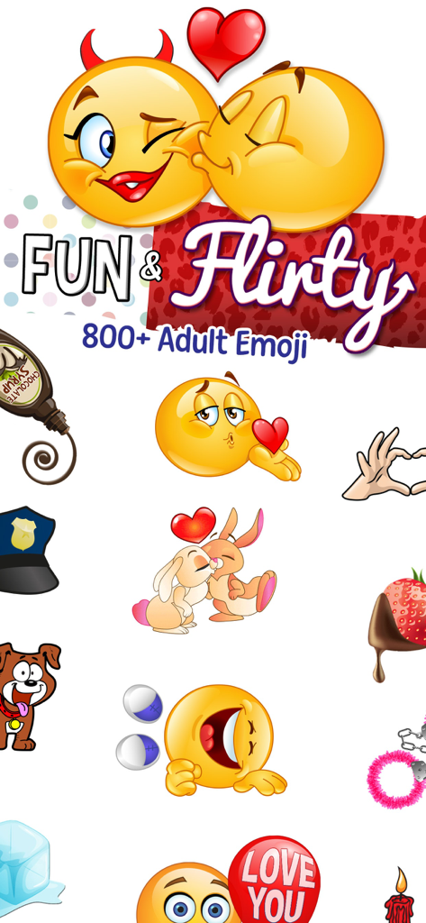 Adult Emoji for Lovers - A vibrant collection of fun and flirty adult emoji stickers for couples including kissing faces and romantic illustrations.