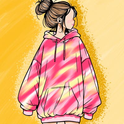 realistic girl with a oversized sweatshirt on and a bun