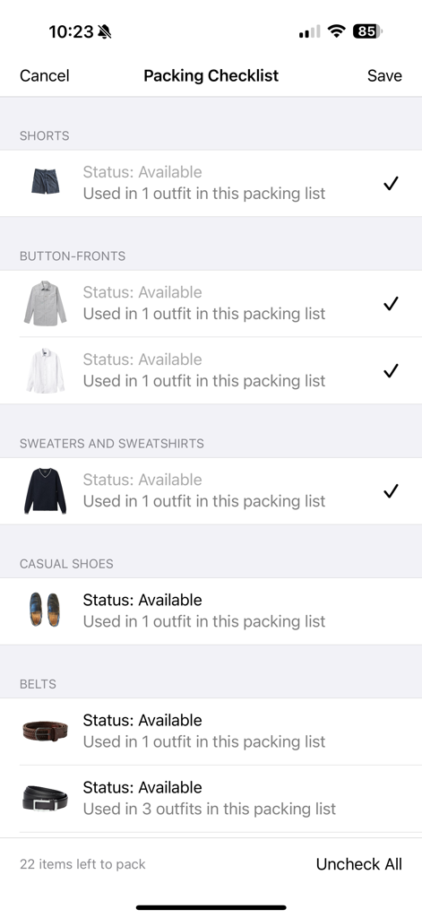 Stylebook Men - A digital packing checklist in the Stylebook Men app showing categorized clothing items with their availability status.