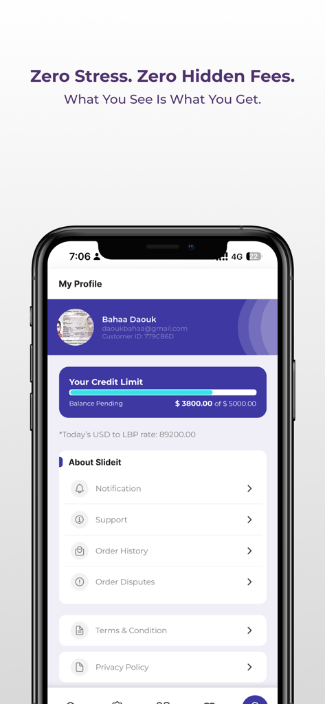 Slideit - Shop Now Pay Later - Slideit app profile screen displaying user credit limit and account settings