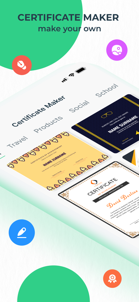 Smartphone screen displaying e-Certificate Maker app with various certificate design templates for school and business