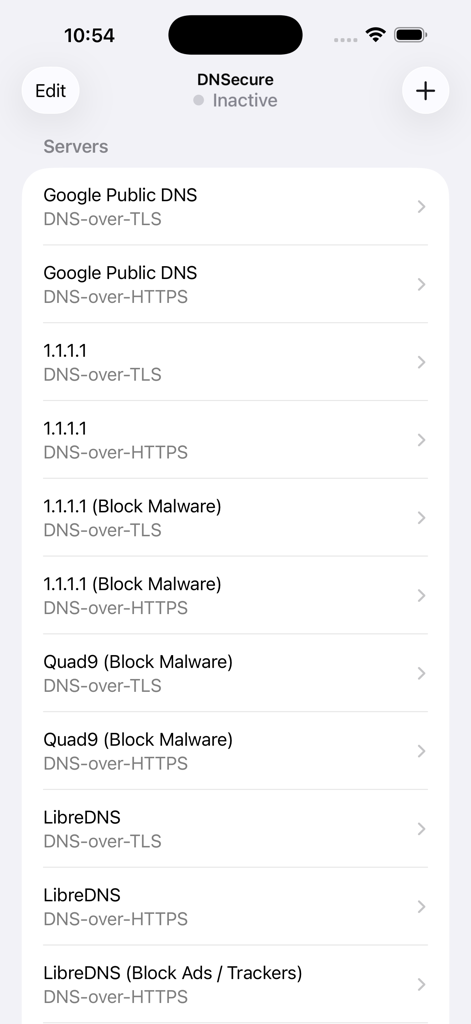 DNSecure - Application DNSecure affichant une liste de serveurs DNS chiffrés