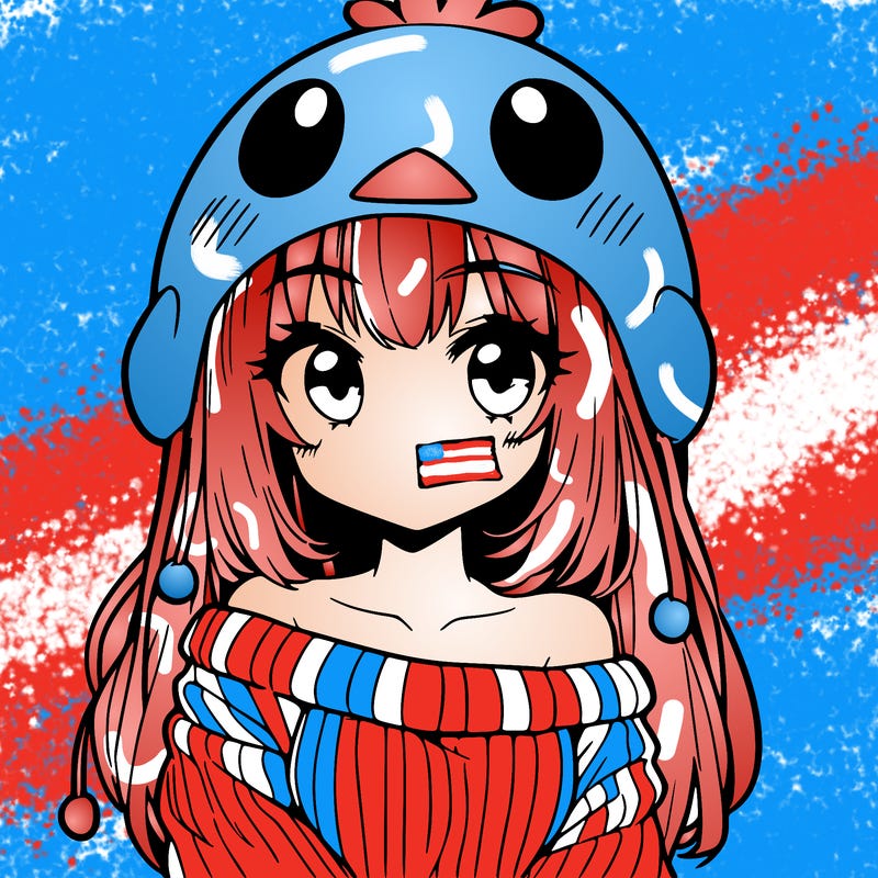 anime girl with chick shaped hat with sweater with bare shoulders with bangs covering them one eye with low tail