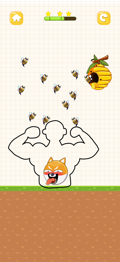 Save The Doge: Rescue Dog Game - A creative muscular line drawing protecting a doge from attacking bees in a puzzle game.