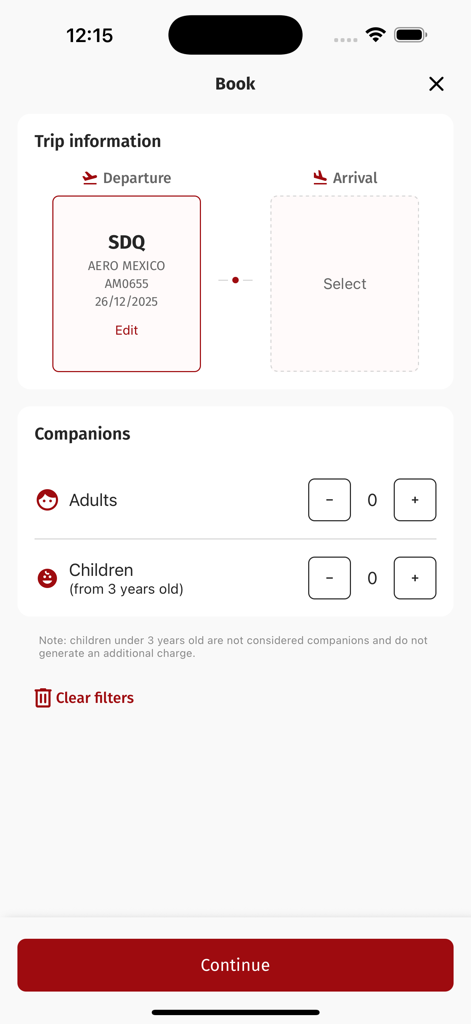 BeforeBoarding - Pantalla de reserva de la aplicación BeforeBoarding para información del viaje y número de acompañantes