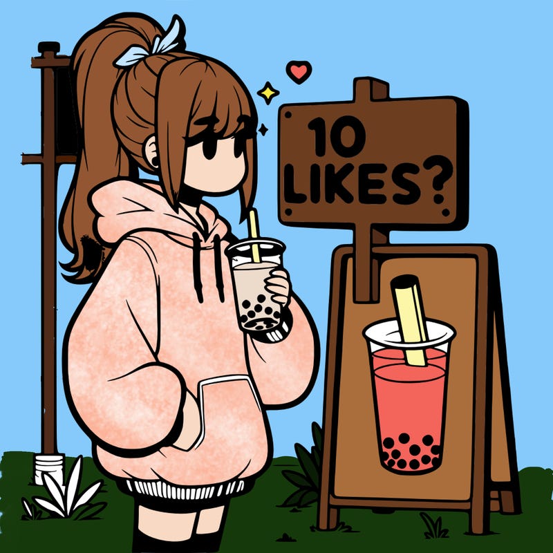 girl with oversized hoodie drinking boba and she has a high ponytail with a sign that says 10likes?