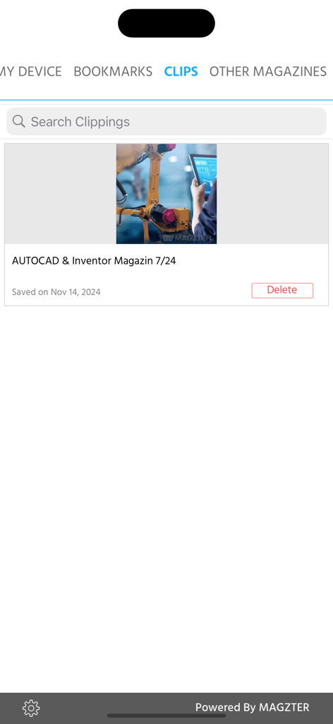 Benutzeroberfläche der AutoCAD und Inventor Magazin App, die den Bereich der gespeicherten Ausschnitte anzeigt.