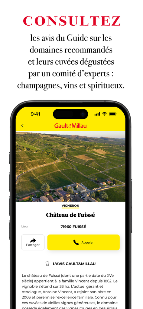Gault&Millau France - Gault and Millau France app displaying a vineyard profile with expert wine reviews and contact details